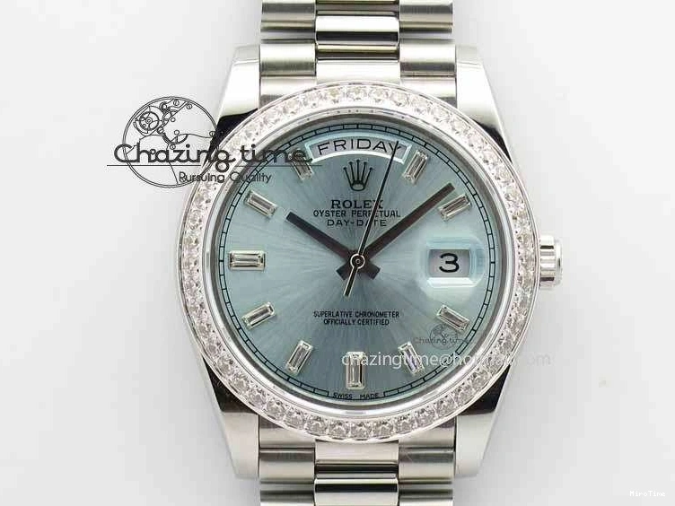 MiroTime 1218 Stylish Day Date 40mm SS BP Maker Best Edition Diamond Bezel Ice Blue Dial On SS Bracelet ETA 3699